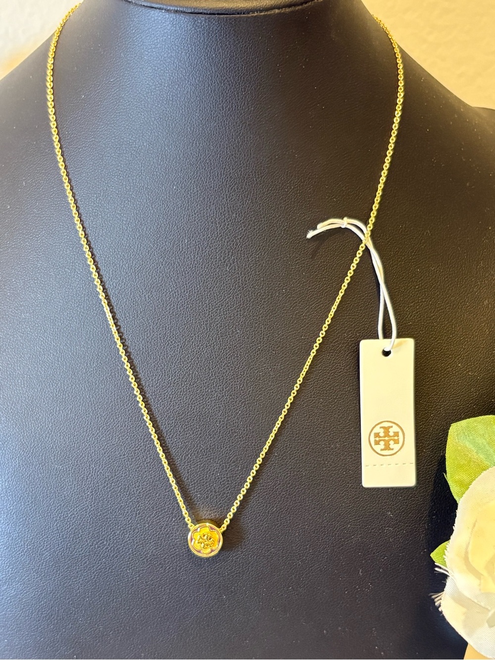 Tory Burch Polished Gold Logo Yellow Flower Pendant Necklace